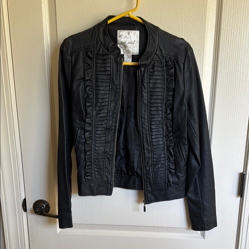 Wet Seal Black Leather Jacket with Ruffle Detail